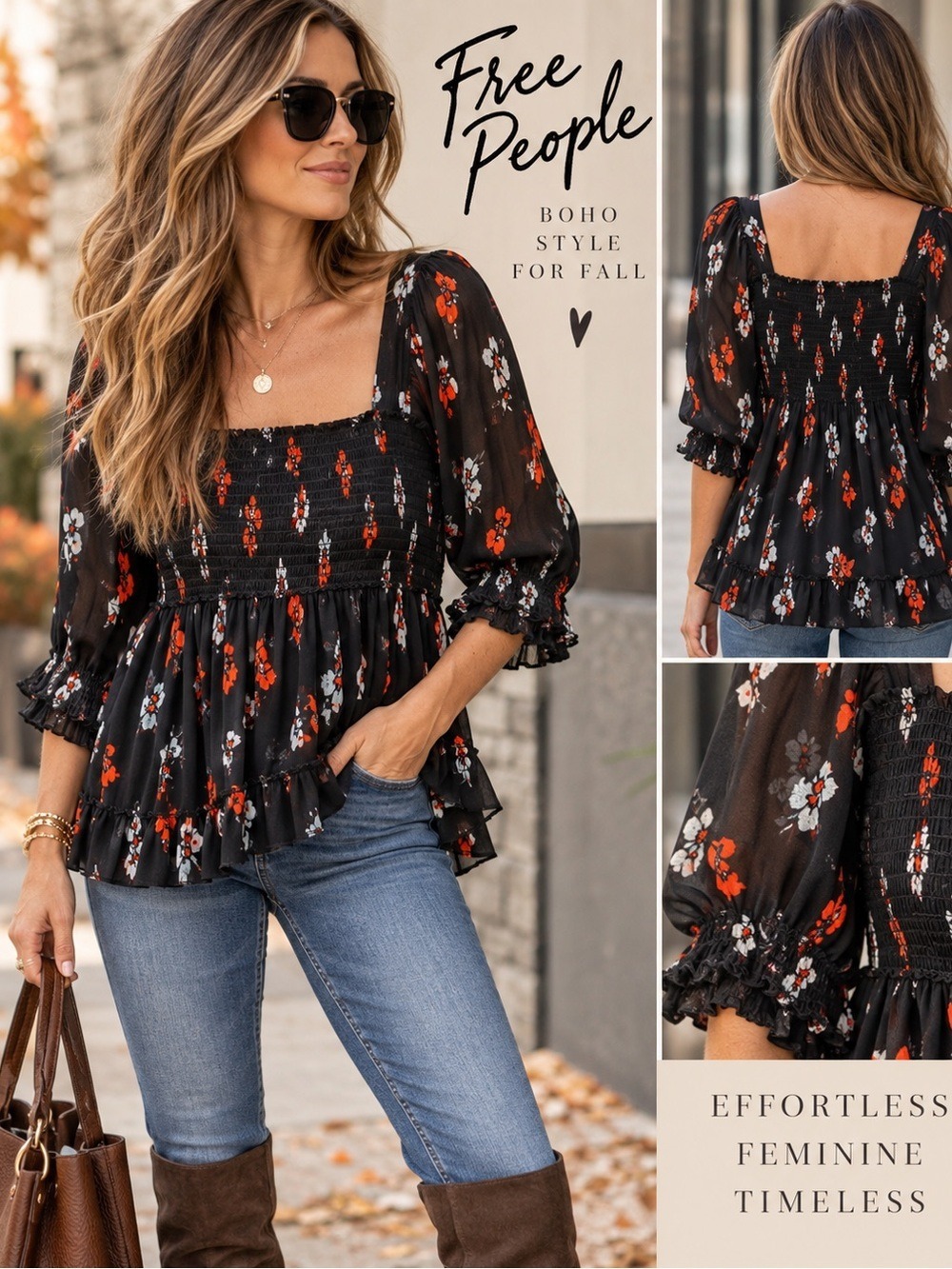 Free People Black Floral Smocked Mesh Babydoll Tunic Top M